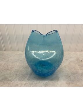 Vintage Mid-Century Pilgrim Glass Aqua Blue Pinched Crackle Glass Vase